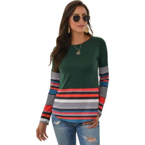 T-shirt Women 2021 Summer New Stripe Print Patchwork O-neck Long Sleeve Office Lady Elegant Streetwear T-shirts Pullover Tops