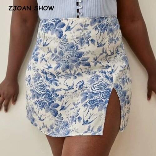 2021 Harajuku Blue White Floral Print Hem Slit Mini Skirt Sexy Women High Waist Slit Skirts With Lining Bottom Female