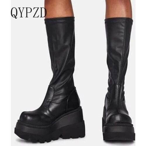 Big Size 35-43 Brand Design Ladies High Platform Boots Fashion Zip High Heels Boots Women 2020 Wedges Shoes Woman