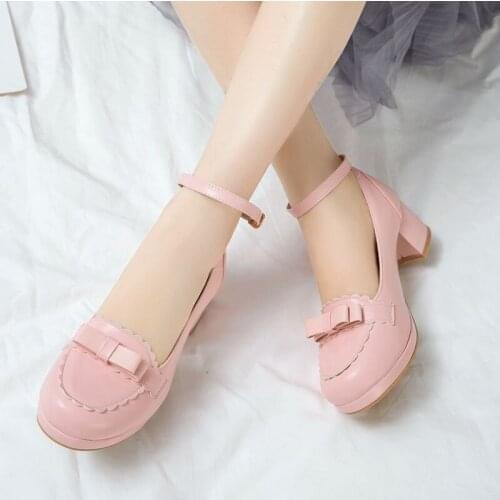 COOLULU Lolita Shoes Women Closed Toe Mid Block Heel Pumps Ankle Strap Spring/autumn Pumps with Bow LadiePumps Size 33-43
