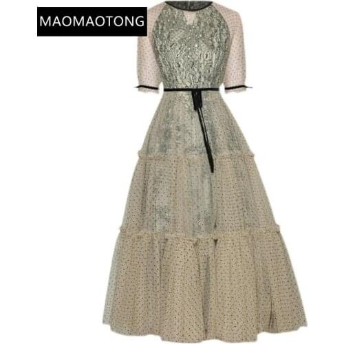 Fashion Runway Summer Elegant Party Dress Women polka dot Print Short sleeve Gorgeous Lace Splicing Mesh Midi Dress