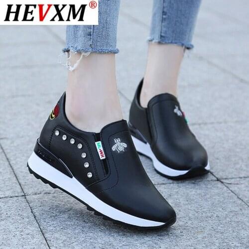 2021 Casual High Heels Breathable Women Sneakers PU Round Toe Crystal Embroider Platform Wedges Tenis Feminino Female Vulcanize