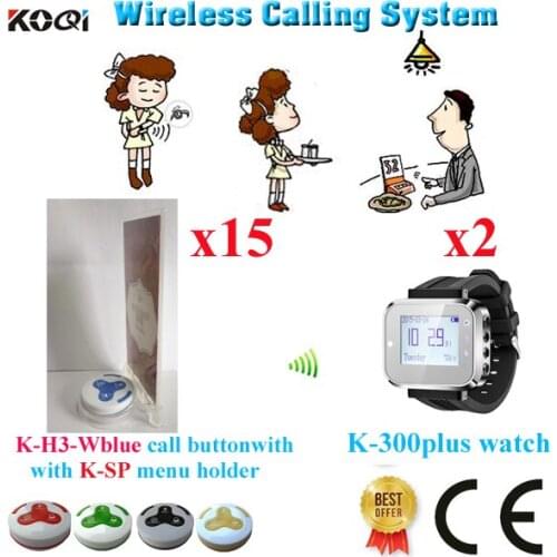 Waiter Wireless Pager Calling Systems For Restaurant Equipment Pager Watch With Table Bells(2 watch+15 button+15 menu holder)