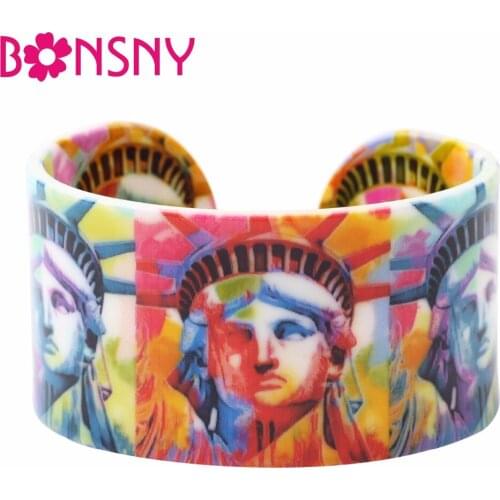 Bonsny Acrylic Wide Statue Of Liberty Love Bangles Bracelet Fashion Jewelry For Women 2017 New Spring Summer Accessories Gifts