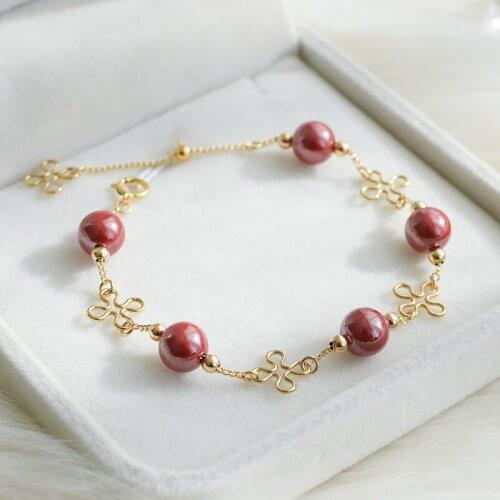 Double 12 new natural cinnabar Bracelet female ins small group design cold wind 14K Gold coated clover does not fade