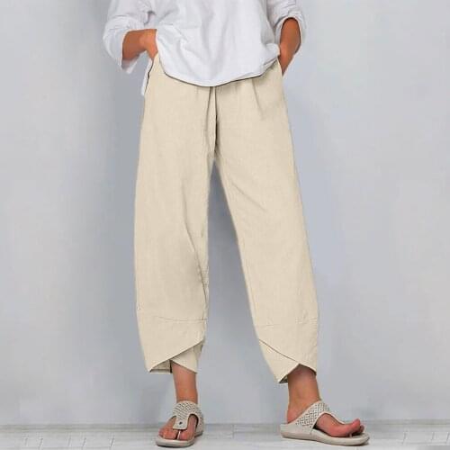 JAYCOSIN Women Striped Elastic Waist Cotton Linen Pants Casual High Waist Solid Summer Cotton Loose Long Straight Pantalon Pants