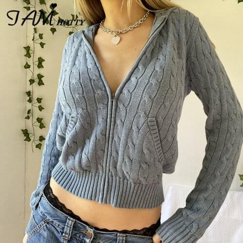 Twist Knit Basic Hooded Cardigan Women Zipper Casaul Sweater Long Sleeve Autumn Coat Korean Chic Knitwear Outerwear New Iamhotty