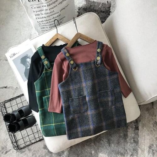 Girls set autumn 2021 fashion long-sleeved bottoming shirt plaid suspender skirt two-piece child toddler clothing girl outfits