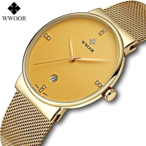 WWOOR New Luxury Sports Gold Watches Men Simple Ultra Thin Quartz Waterproof Date Mesh Steel Golden Wristwatch Relogio Masculino