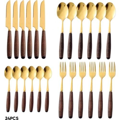 4pcs/24pcs Wooden Handle Utensils For Kitchen Cutlery Set Stainless Steel Fork Spoons Knives Dinner Set Tableware Sets Wholesale