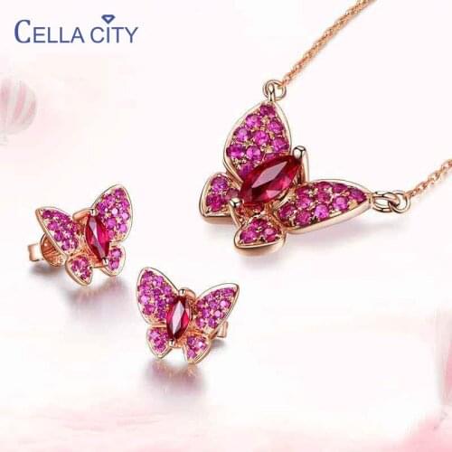 Cellacity Trendy Silver 925 Jewelry Sets Womens Wear Jewelry Charms Ruby Butterfly Necklace Earrings Female Party Wholesale