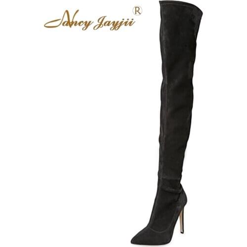 NancyJayji Women Winter Snow Black Suede Point Toe High Heels Over the Knee Boots Shoes Woman,zapatos botas mujer plus size 4-16