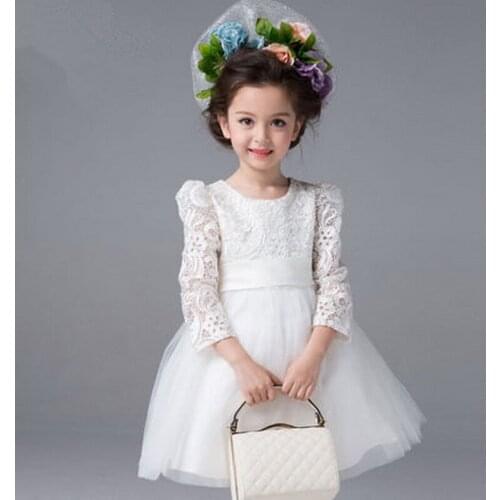 2015 New Arrival Girls European Style Wedding Dress Kids Lace & Mesh Princess Dress Girls Brand Party Long Sleeve Dress , LC453