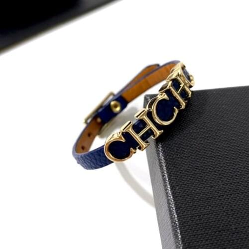Newest Design Bangle Gold color CHC Letter PU Leather Bracelet with Adjustable size for Charm Lady Fashion Party Jewelry Gift