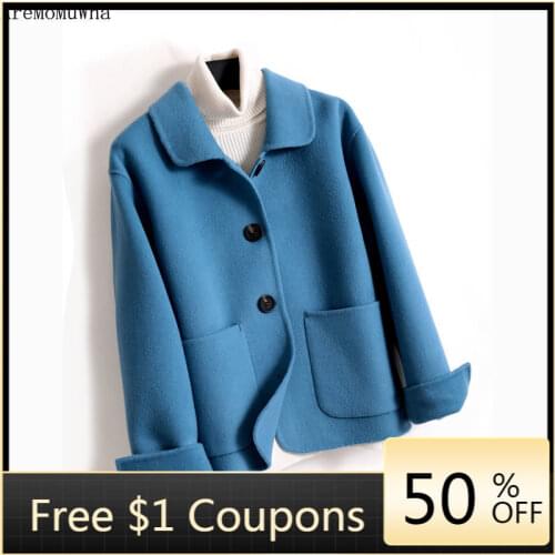 AreMoMuWha 2020 Autumn Winter New Double-sided Cashmere Coat Coat 100% Wool Coat Women Short Lapel Pink Coats and Jackets Women