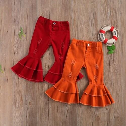 2-7Y Toddler Kids Baby Girl Solid Color Hole Denim Flared Pant Jeans Bell Bottom Outfits Children Girls Clothes