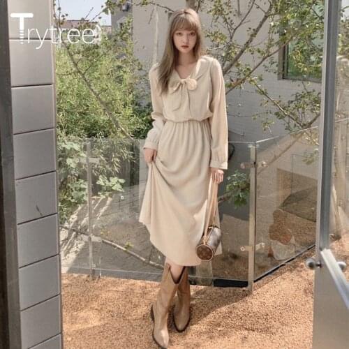 Trytree 2021 Spring Womens Dress Casual Bow Collar Printed Elastic Waist Belt Silky A-line Mid-Calf Office Lady Shirt Dress