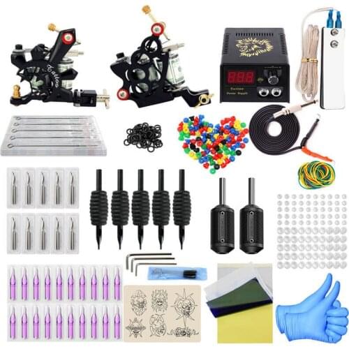 Full Tattoo Machine Kit 2 Coil Tattoo Guns Power Supply Accessories for Beginners Tattoo Artists