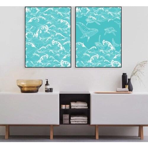 Whale With Blue Ocean Waves Prints Art Poster Wall Decor , Hand Drawn Whale Prints Canvas Painting Wall Picture Nautical Decor
