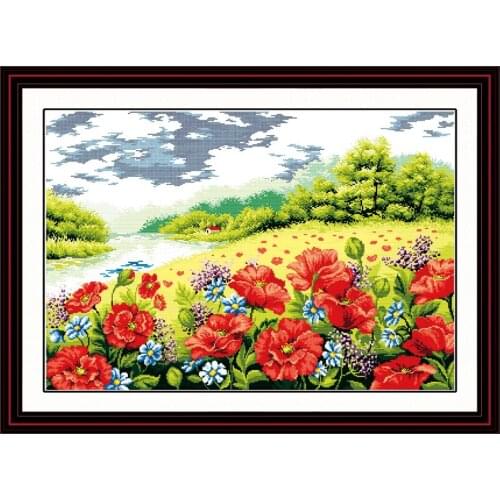 Poppy Garden Scenery Needlework,Aida Cross stitch,Embroidery kits,Precise Printed Patterns Counted Cross-Stitching DIY Handmade