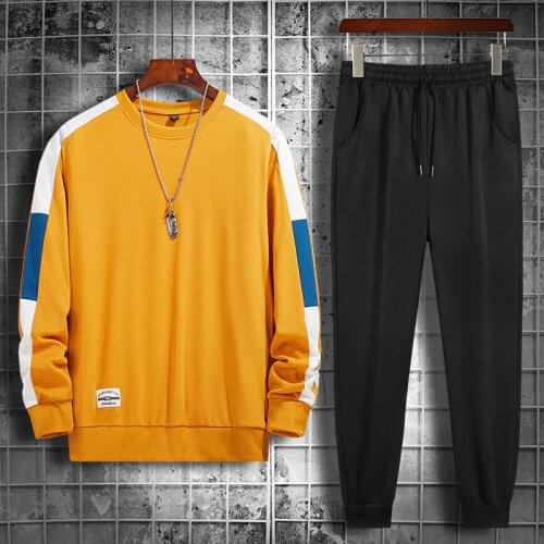 New Men Set Solid Patchwork 2020 Autumn Mens Sportswear Tracksuits Hoodies+Pants 2PCS Sets Hip Hop Streetwear Loose Sweatsuit