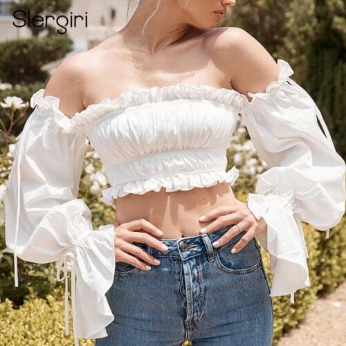 Slergiri Long Sleeve Off Shoulder Crop Top White Frill Trim Backless Corset Tops Women Autumn Streetwear Fashion Slim Blouses