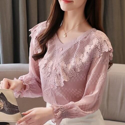 Blusas mujer de moda 2020 pink hollow lace chiffon lace blouse shirt long sleeve womens tops and blouses women shirt clothes