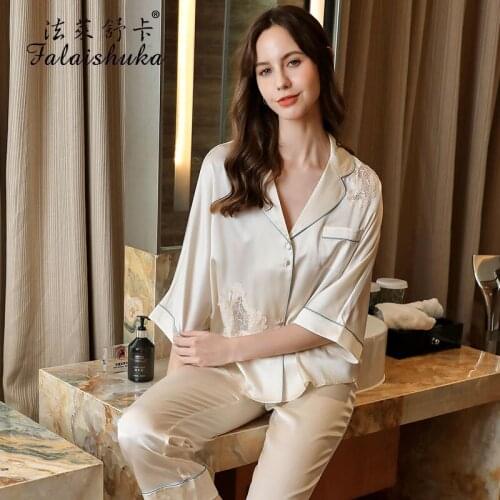 19 Momme plus size genuine silk pajamas sets women sleepwear summer Fashion embroidery Mulberry Silk women pyjamas T8286