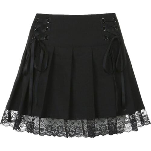 Women Punk Style Low Waist Flared Pleated Black Mini Skater Skirt Crisscross Bandage Sexy Lace Patchwork Hem Ruffles Harajuku Pa