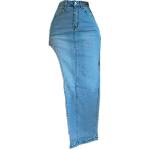 Chic Ins European Hot Sexy Women Irregular Split Denim Long Skirt Lady Summer New Slim Bodycon Street Casual Skirt Bottom Female