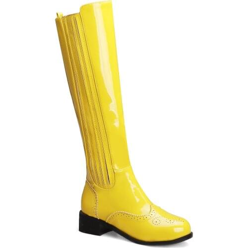 Leather Knee High Boots For Women 4cm Block Heels Yellow Violet Black Lady Winter Leather Shoes Botte Femme