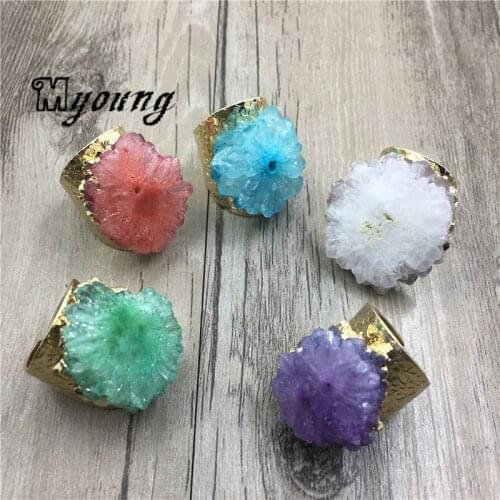 Natural Sun Flower Shape Crystal Quartz Druzy Rings With Golden Settings for Women MY1182