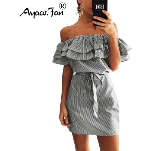 2019 Off Shoulder Strapless Striped Ruffles Dress Women Sexy Summer Sundresses Slim Beach Casual Shirt Short Mini Party Dresses