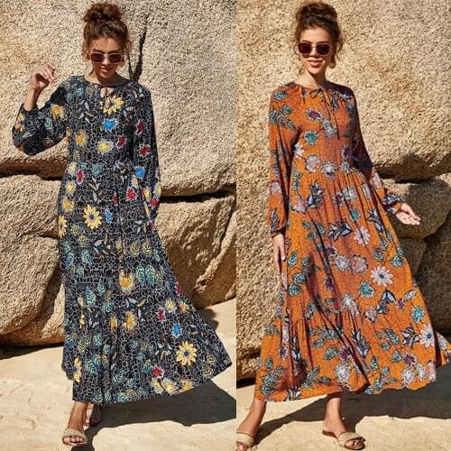 New Kaftan Women Maxi Dress Boho Print Long Sleeve Hoilday Party Dresses Summer Party Gown Sundress Loose Swing Vintage Vestidos