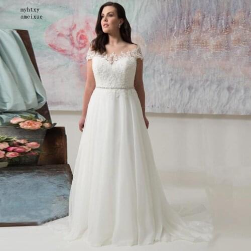 Plus Size Wedding Dresses 2020 O-neck Short Sleeves Applique Bridal Gown Vestido De Noiva With Beading Belt Beach Luxury Big