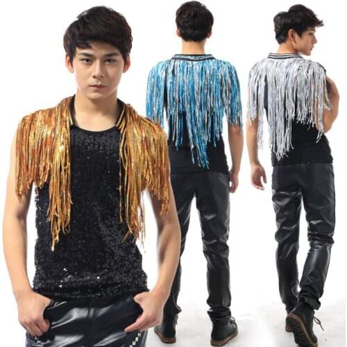 Personality slim male sleeveless tassel waistcoat vest men sparkling diamond punk rock costumes singer dance stage star fashion