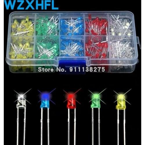 5x100pcs=500Pcs 3MM LED Diode Kit Mixed Color Red Green Yellow Blue White + BOX
