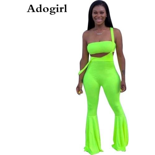 Adogirl Solid Color 2 Piece Set Summer Strapless Top & Romper Flare Pants Suit Fashion Sexy Night Club Tracksuit Outfits