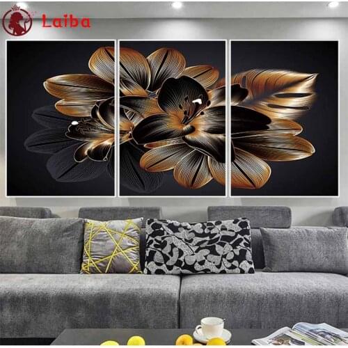 DIY Diamond Painting Nordic golden abstract lily flower Diamond Mosaic Full Drill Square round Cross Stitch Handmade Hobby3pcs