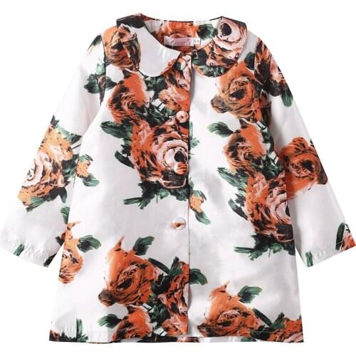 Autume New 2021 Girl Jacket White with Orange Rose Nature Printed Bouttoned Lose Fit Size 3 5 7 Years Old Old-fashioned