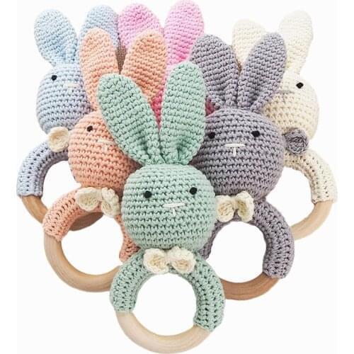 Chenkai 10PCS Corchet Rabbit Nature Wooden Baby Rattle Teether Ring DIY Handmade Nursing Teething Infant Pacifier Dummy GraspToy