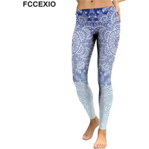 FCCEXIO MANDALA Leggings Women Fitness Pants Flowers Printing Fashion Workout Leggins Outwear Slim Legin