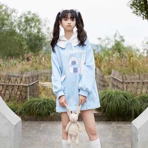 Fleece Long Hoodies Harajuku Cartoon Print Oversize Hooded Sweatshirt Women 2020 Winter Long Sleeve Sweet Girl Kawaii Cute Top