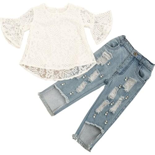 FOCUSNORM 1-5Y Summer Fashion Kids Girls Clothes Sets Lace Floral Flare Sleeve T Shirts Tops Pearl Hole Denim Pants