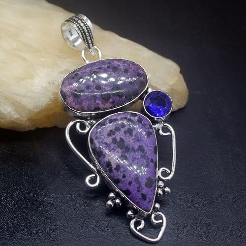 Gemstonefactory Jewelry Big Promotion 925 Silver Purple Dalmatian Jasper Blue Topaz Women Ladies Gifts Necklace Pendant 0288