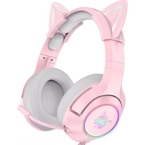 LED Light Gaming Headset for PC USB 7.1 Surround Sound Gaming Headphone with Microphone Over-Ear Cat Ears Headset 40GE