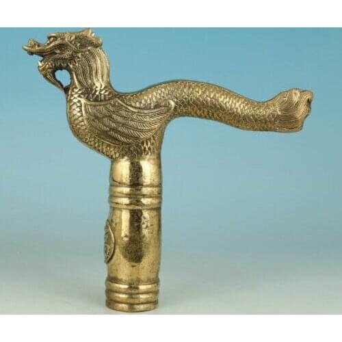 Chinese Old Brass Collectable Handwork carved Dragon Statue Walking Stick Head