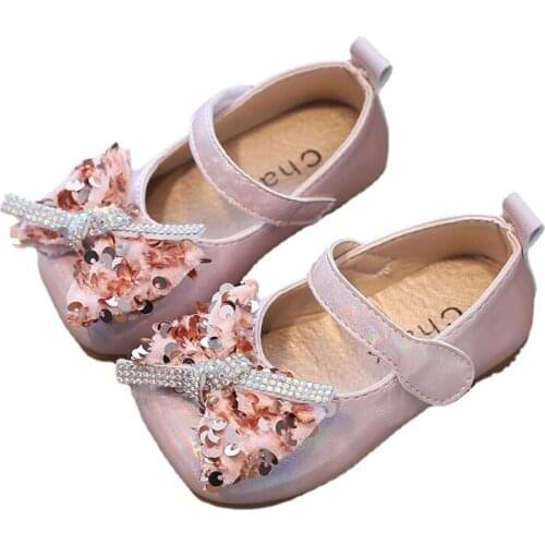 Girls Leather Shoes Autumn Cute Bow Sequins Rhinestone Baby Girl Shoes Flat Heels Kids Princess Shoes First Walkers SOB003