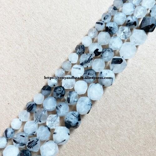 15" Natural Stone Big Cuts Faceted Black Rutilated Quartz Round Loose Beads 6 8 10 mm Pick Size