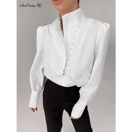 Mnealways18 Stand Collar Office Blouse Women Casual Button Ladies Puff Sleeve Shirt White Single-Breasted Top Spring Work shirts